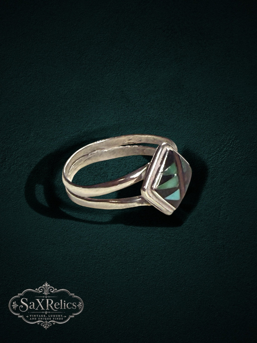 My Store SAXRelics sterling silver geometric ring with mother-of-pearl inlay and a modern split-shank band.