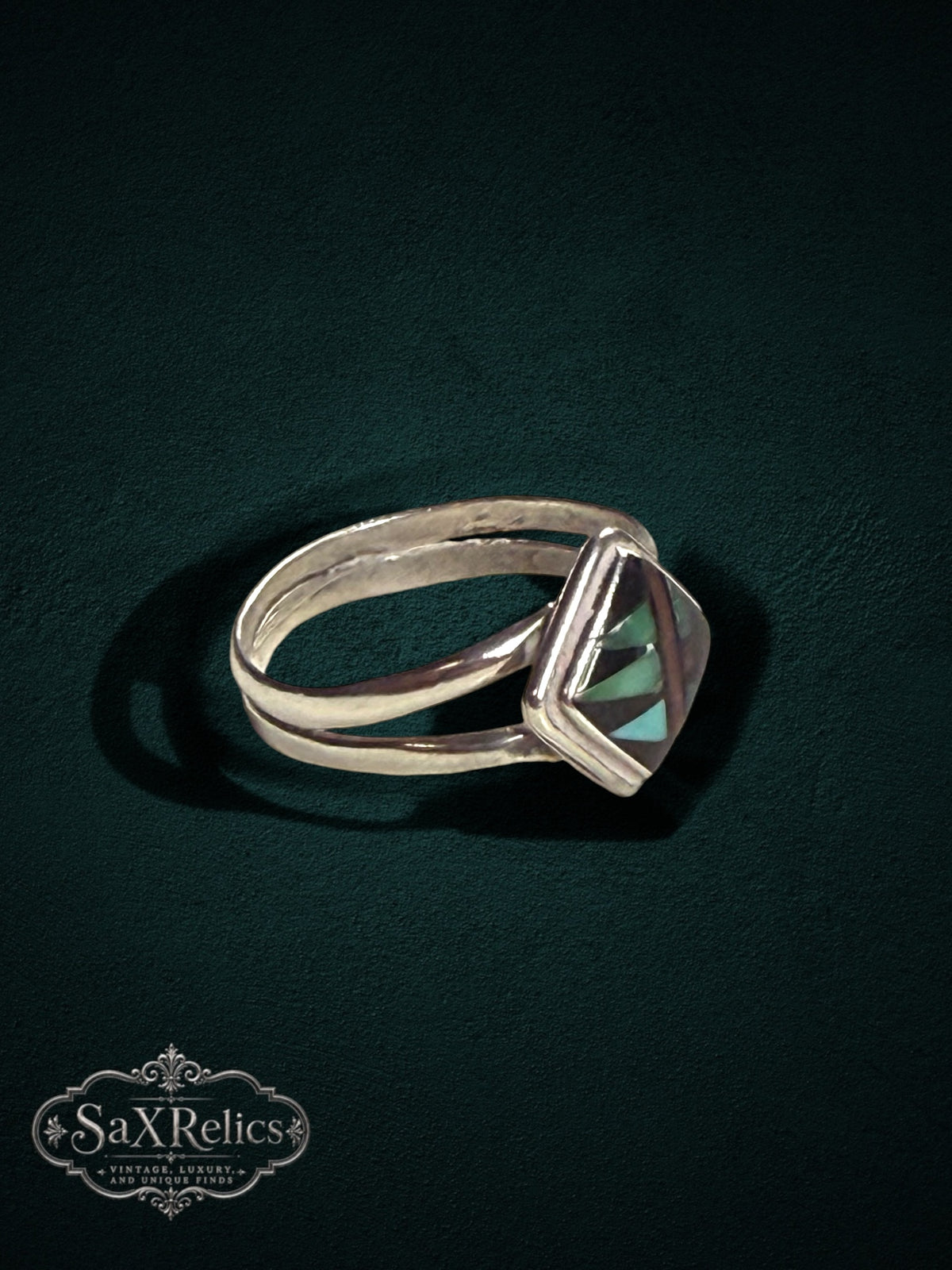 My Store SAXRelics sterling silver geometric ring with mother-of-pearl inlay and a modern split-shank band.
