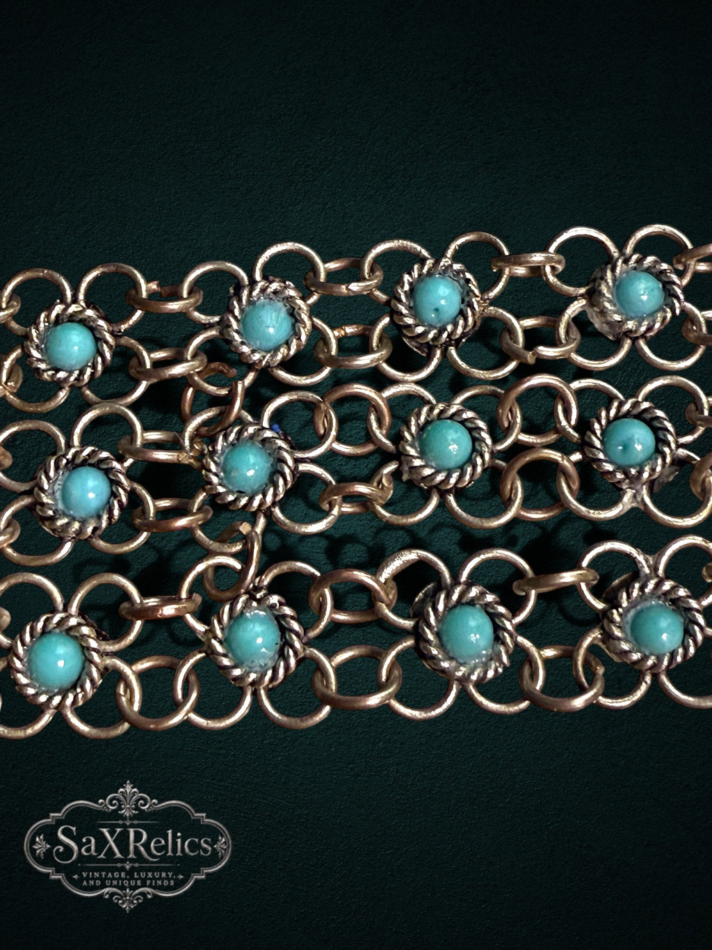 SaX Relics ornate multi-strand link bracelet with antiqued metal finish and robin-egg blue cabochon stones.