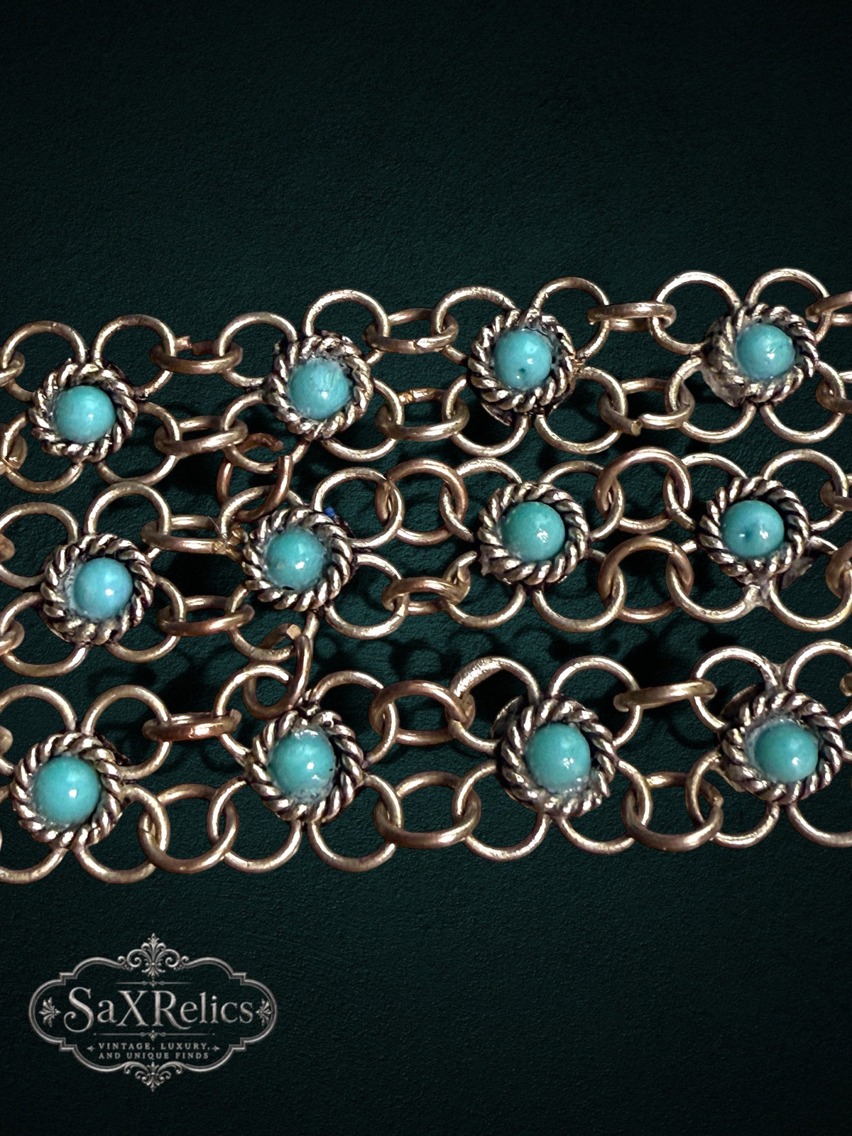 SaX Relics ornate multi-strand link bracelet with antiqued metal finish and robin-egg blue cabochon stones.