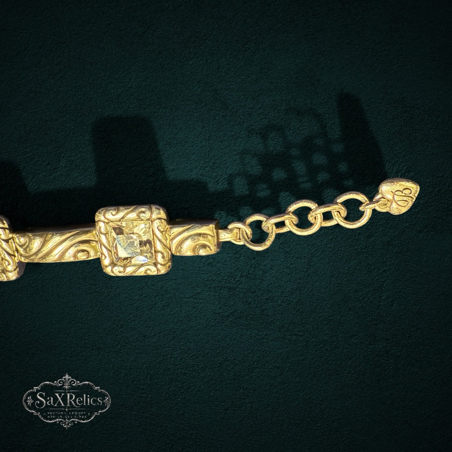 SaX Relics Brighton silver-plated Swarovski crystal bracelet showing the heart charm closure