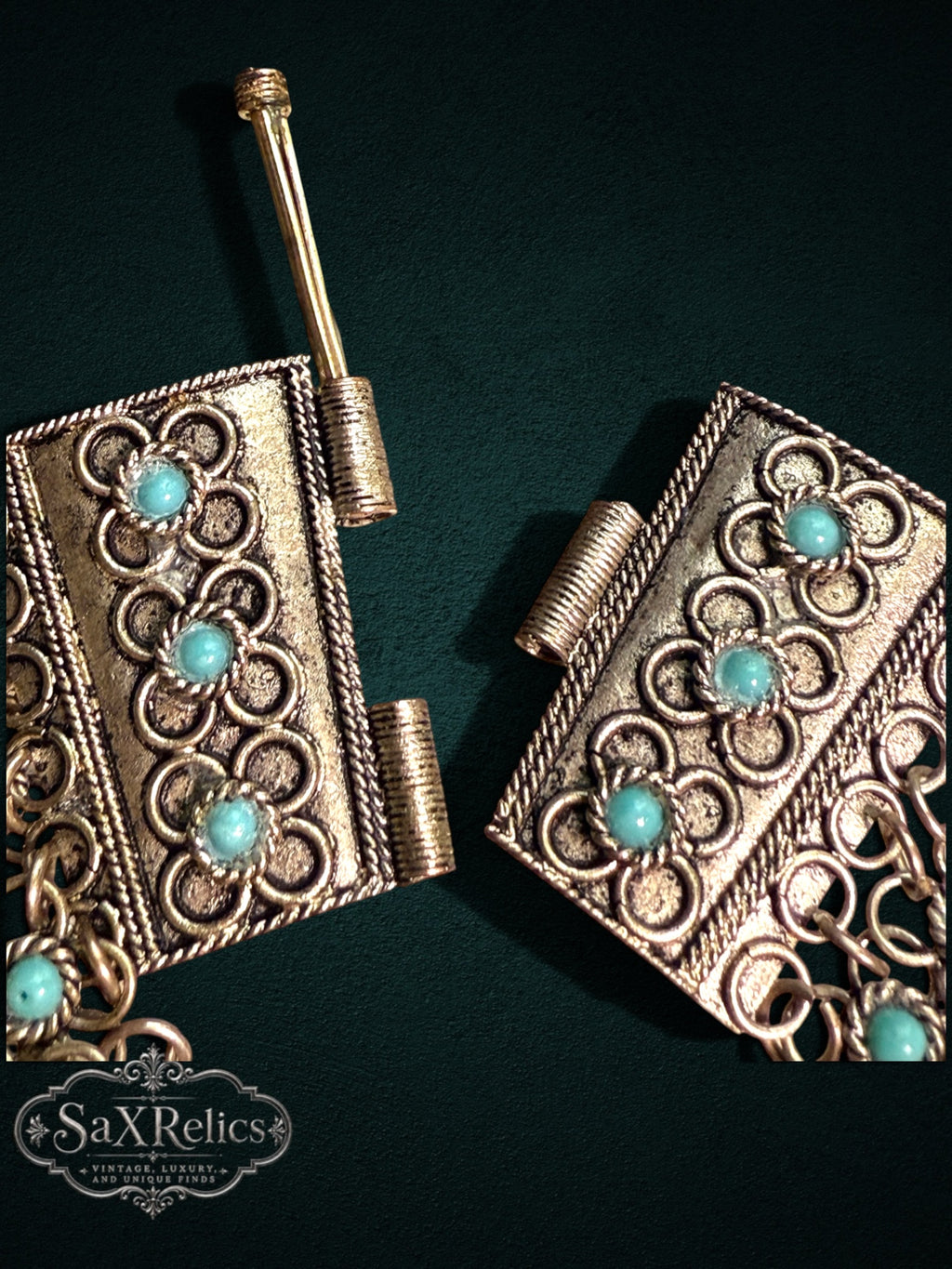 SaX Relics ornate link bracelet with antiqued metal, rope-style detailing, and robin-egg blue cabochon stones.
