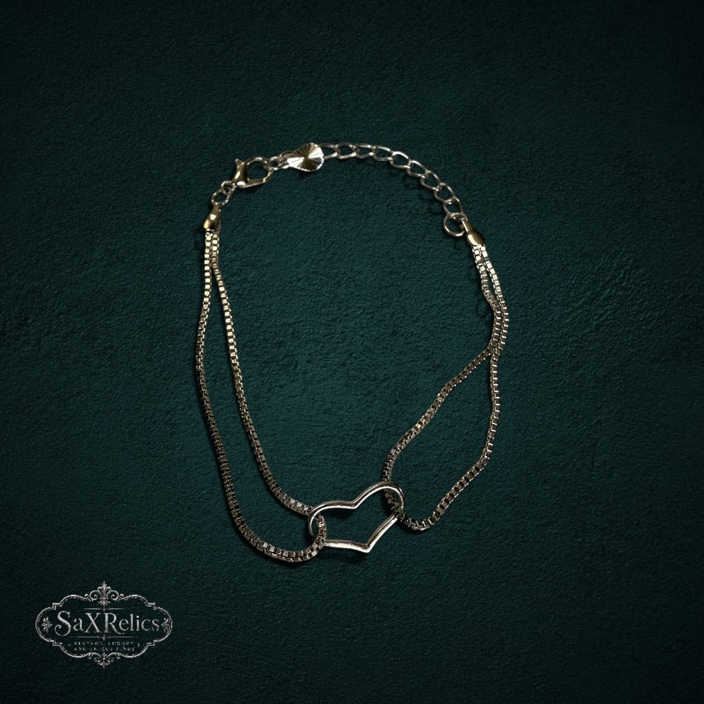 SaX Relics sterling silver double-strand box chain anklet with heart charm and adjustable clasp