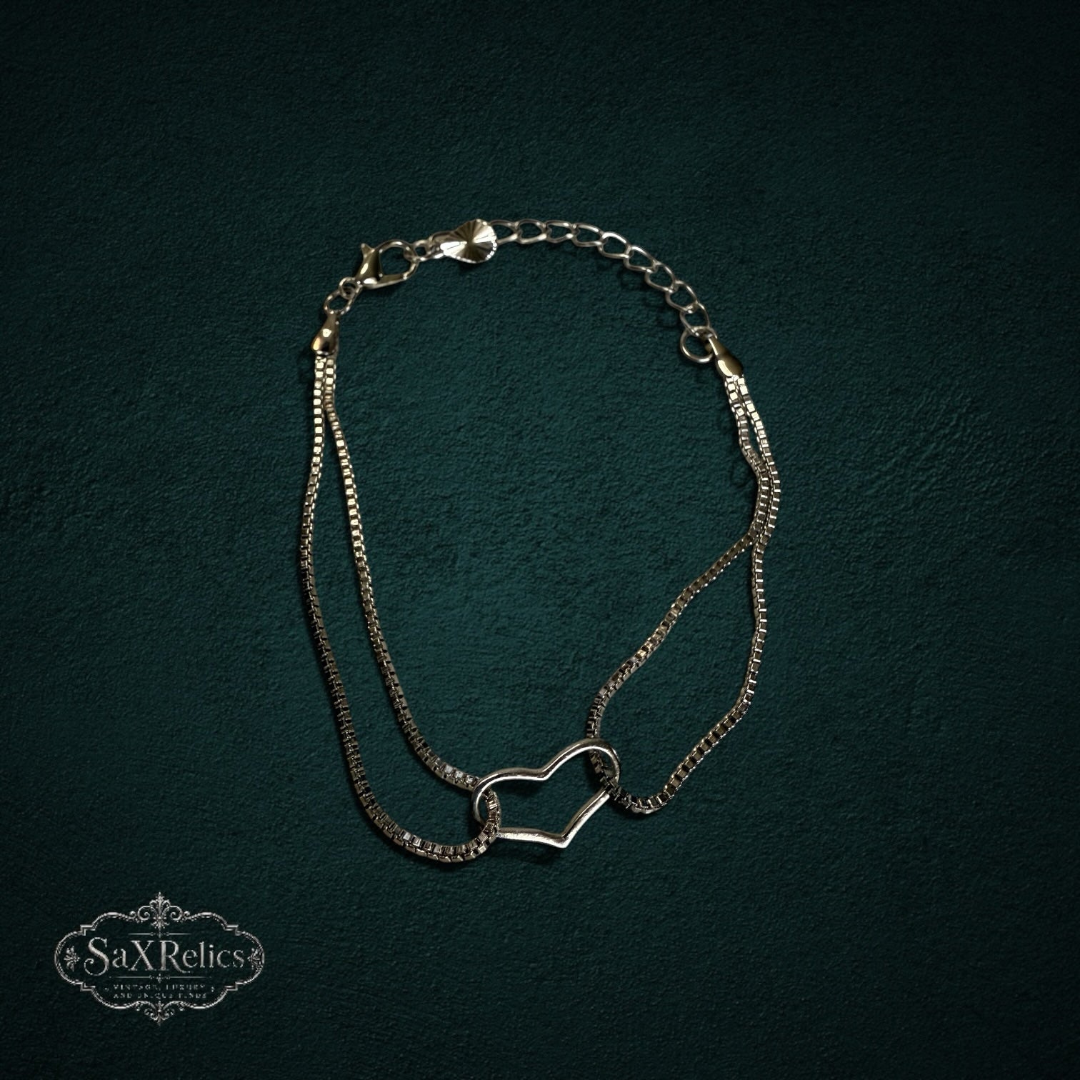 SaX Relics sterling silver double-strand box chain anklet with heart charm and adjustable clasp