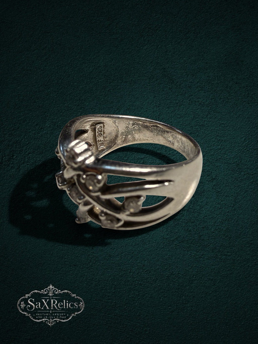 My Store SAXRelics sterling silver statement ring with intricate filigree openwork and clear stone accents