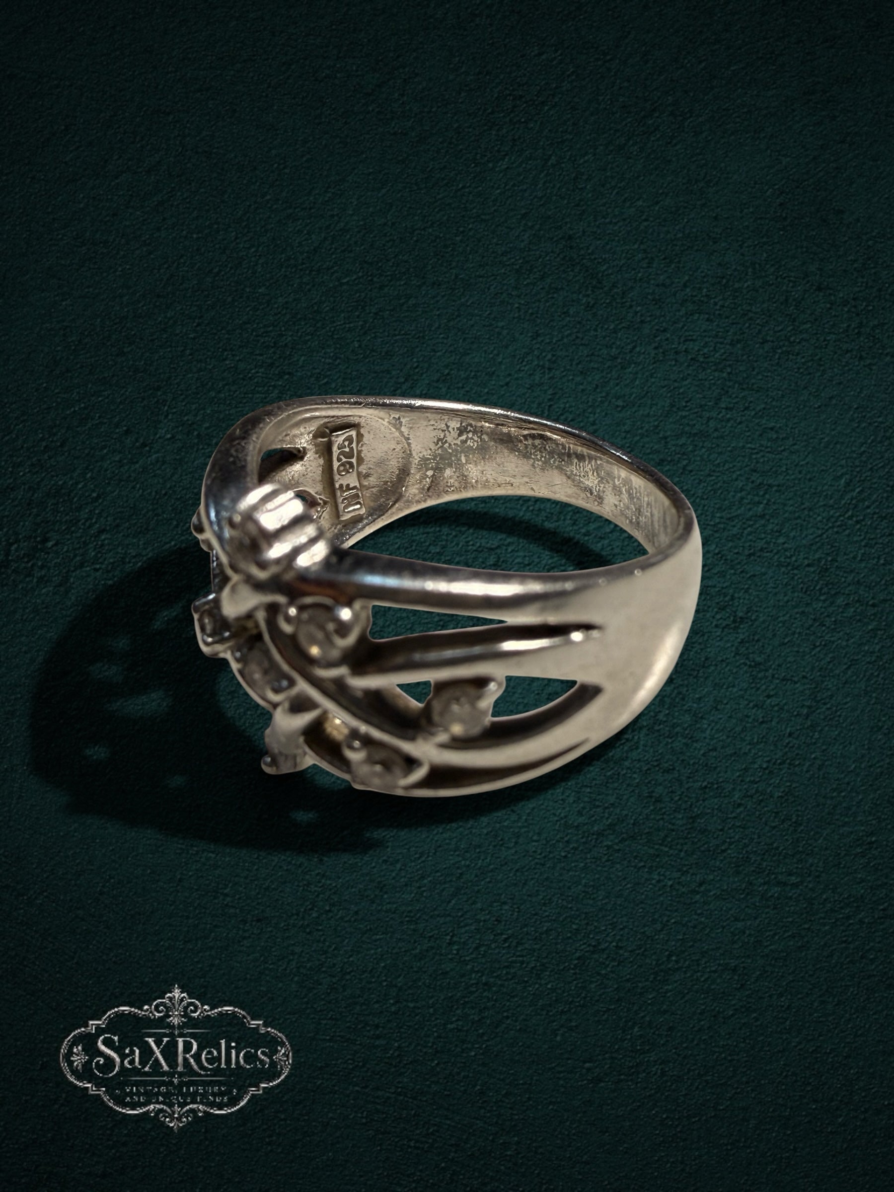 My Store SAXRelics sterling silver statement ring with intricate filigree openwork and clear stone accents