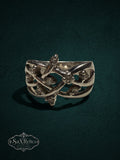 My Store SAXRelics sterling silver statement ring with intricate vine-inspired filigree and clear stone accents.