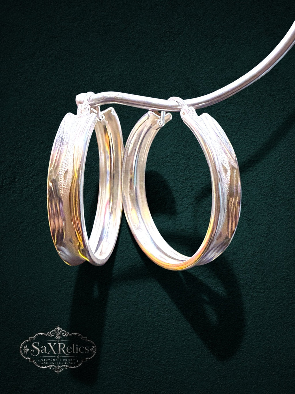 My Store SAXRelics polished sterling silver hoop earrings with etched texture and secure hinge closure
