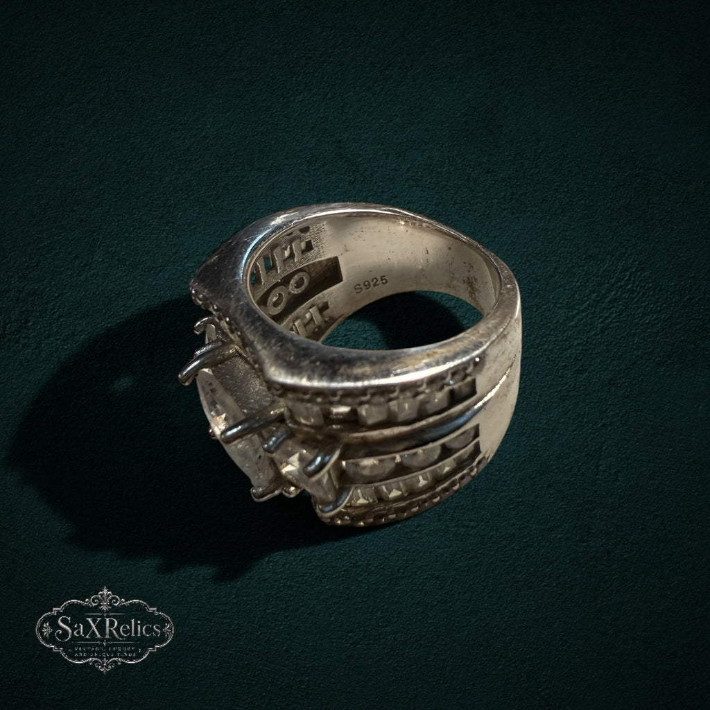 My Store SAXRelics wide band sterling silver statement ring with S925 hallmark and baguette-cut stone accents
