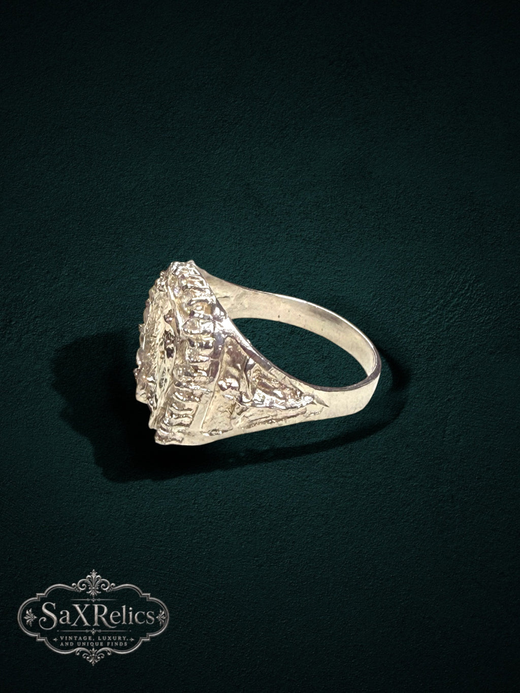 My Store SAXRelics silver-tone religious ring featuring a Virgin Mary centerpiece in a horseshoe frame with stone accents