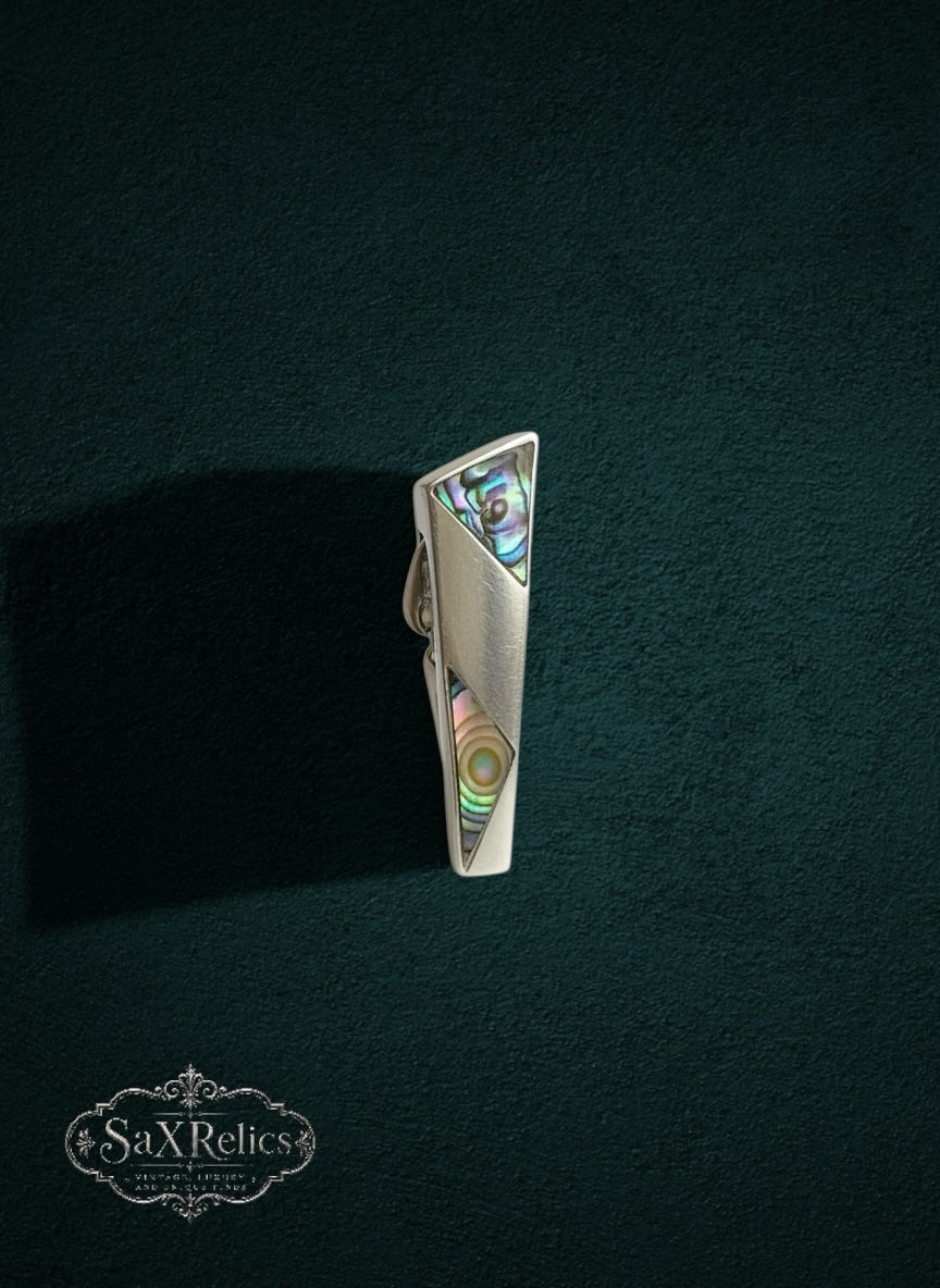 My Store SaxRelics silver-tone tie bar featuring geometric shapes and iridescent abalone shell inlays on dark background