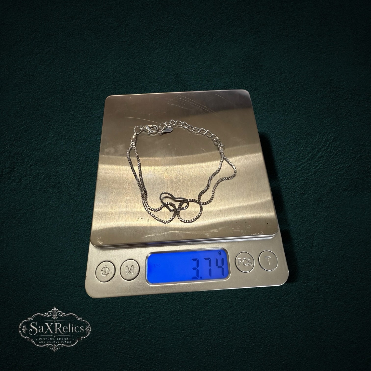 SaX Relics sterling silver double-strand box chain anklet on a digital scale reading 3.74 grams