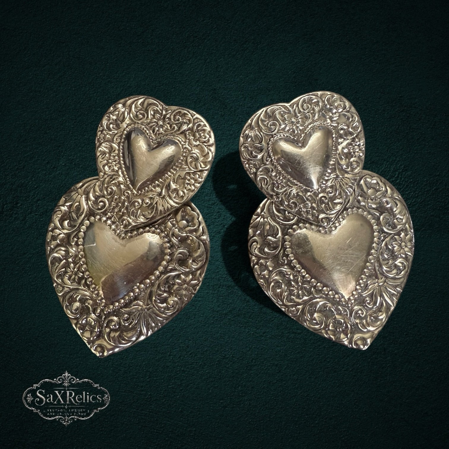 SaX Relics vintage sterling silver 925 double-heart statement earrings with floral filigree openwork