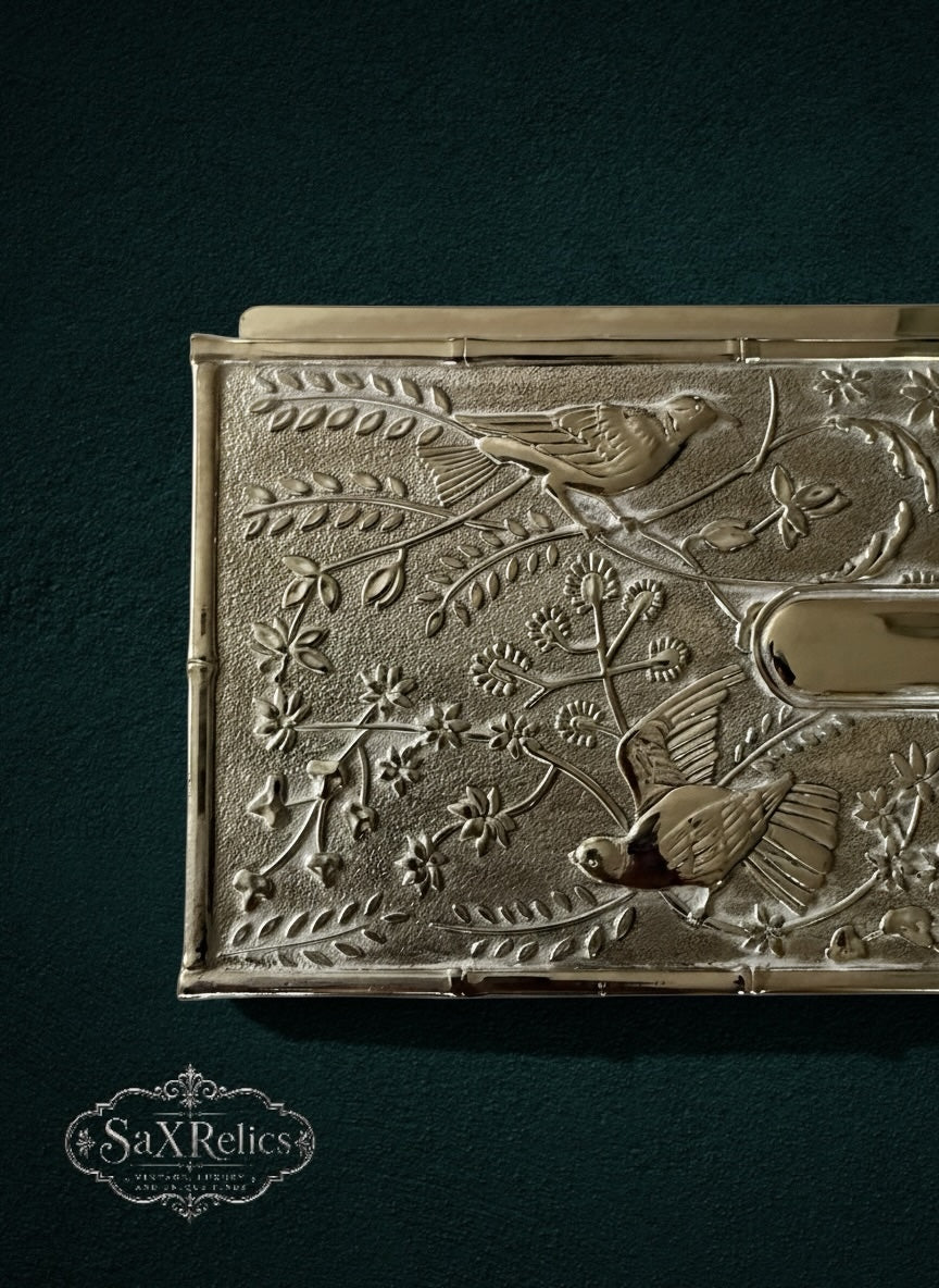 My Store silver-tone metal jewelry box featuring an embossed bird and floral motif with a bamboo-style border.