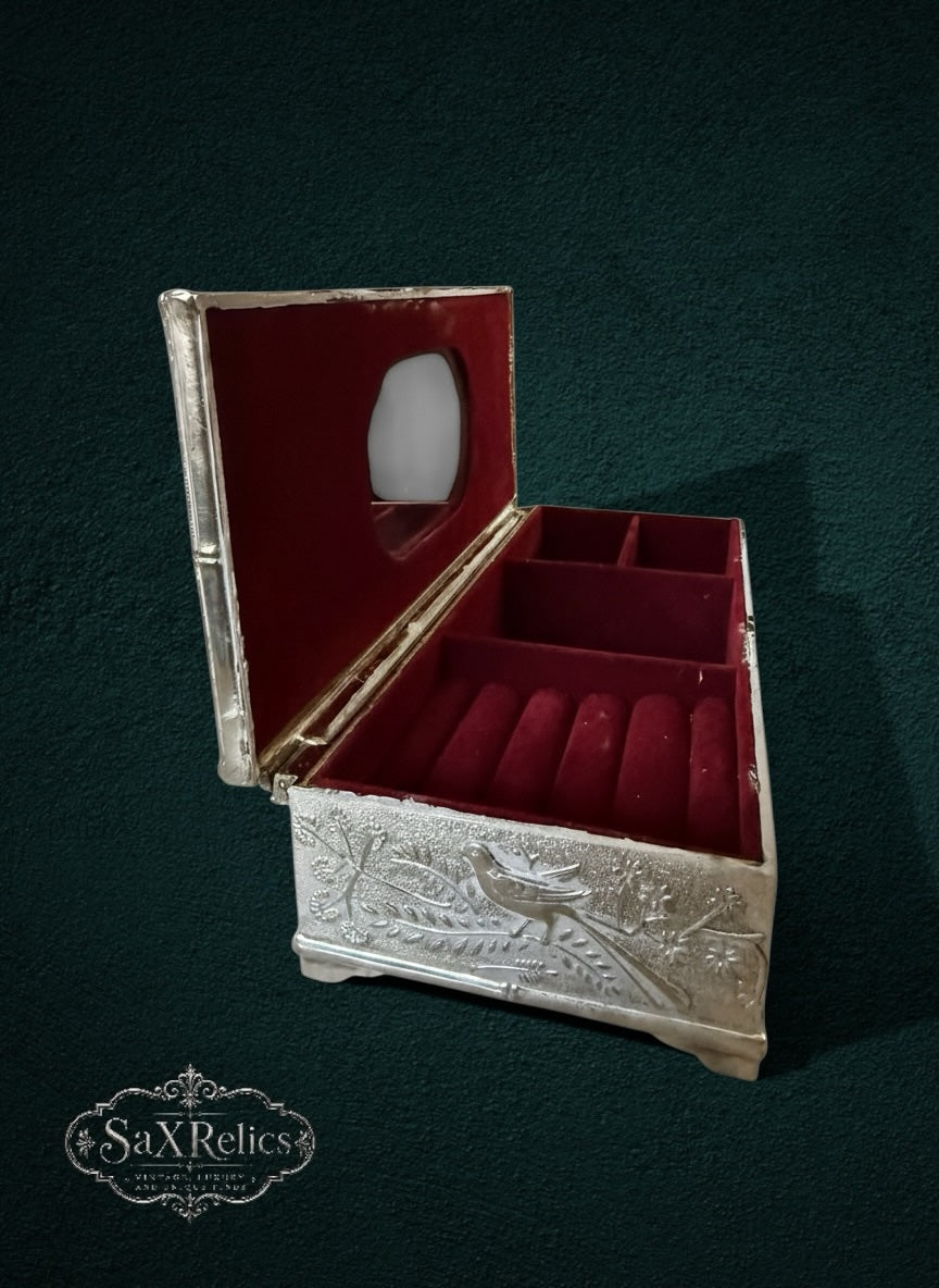 My Store vintage-inspired silver metal jewelry box with embossed bird and floral design and red velvet interior