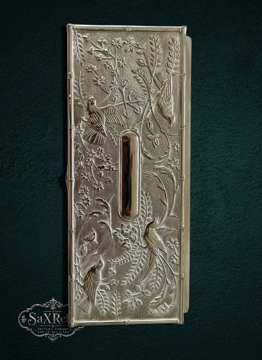 My Store silver-tone metal jewelry box with embossed bird and floral branch motif and bamboo-style border