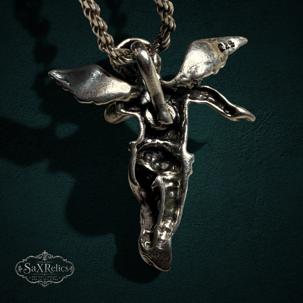 My Store sterling silver cherub angel pendant necklace with intricate wings and a matching rope chain
