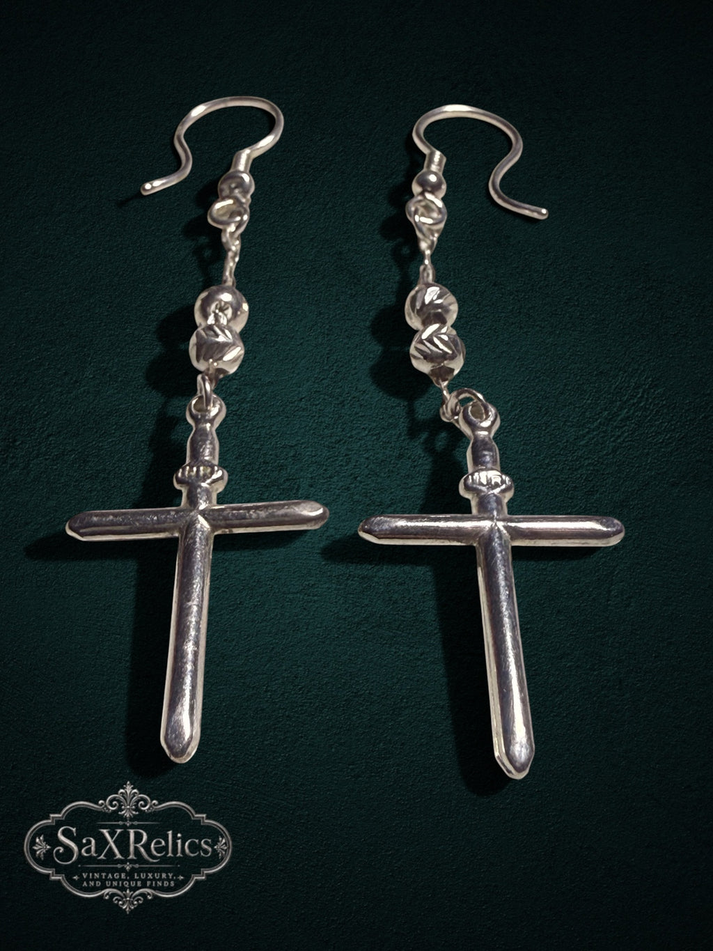 Crucecitas Mexican sterling silver cross dangle earrings, detail