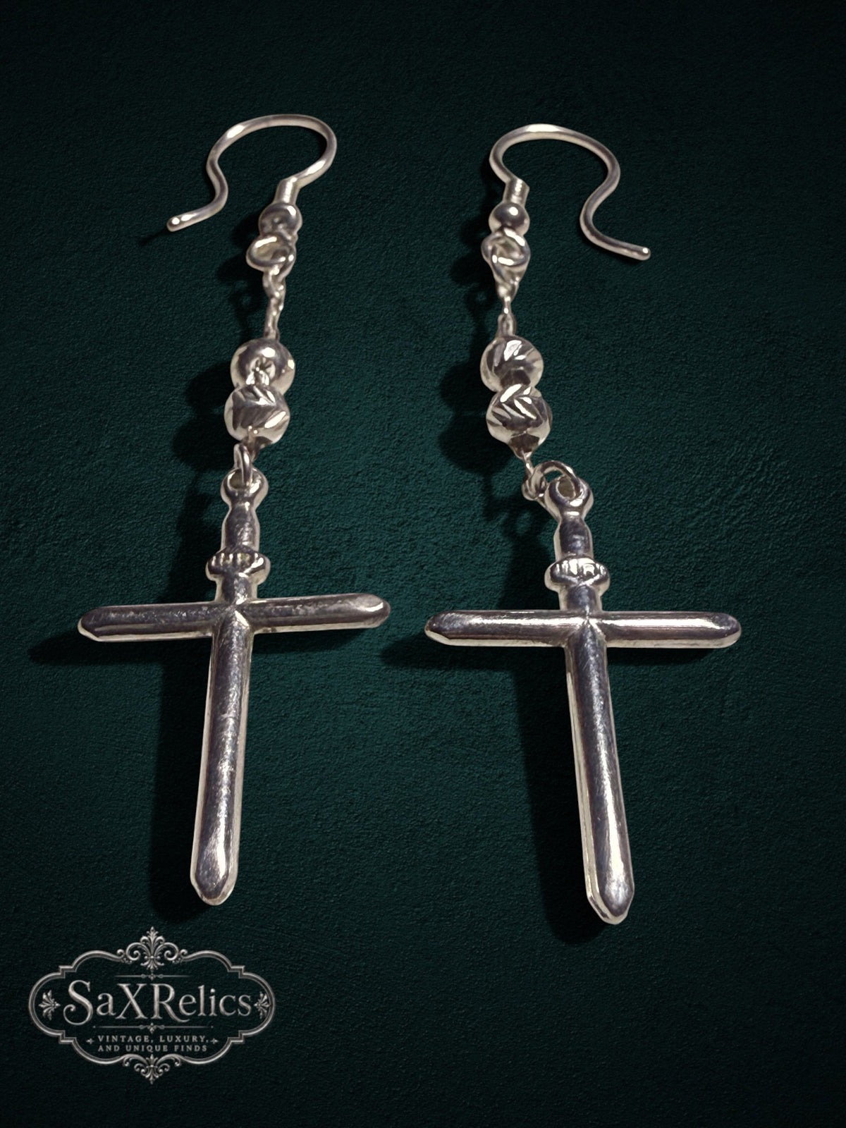 Crucecitas Mexican sterling silver cross dangle earrings, detail