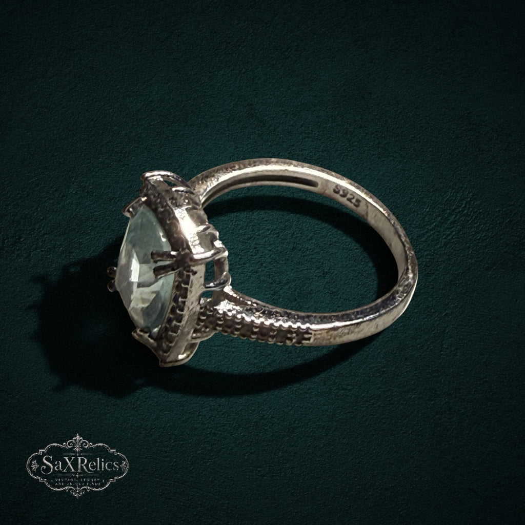 My Store SAXRelics vintage-inspired 925 sterling silver statement ring with a cushion-cut stone and beaded band detail.