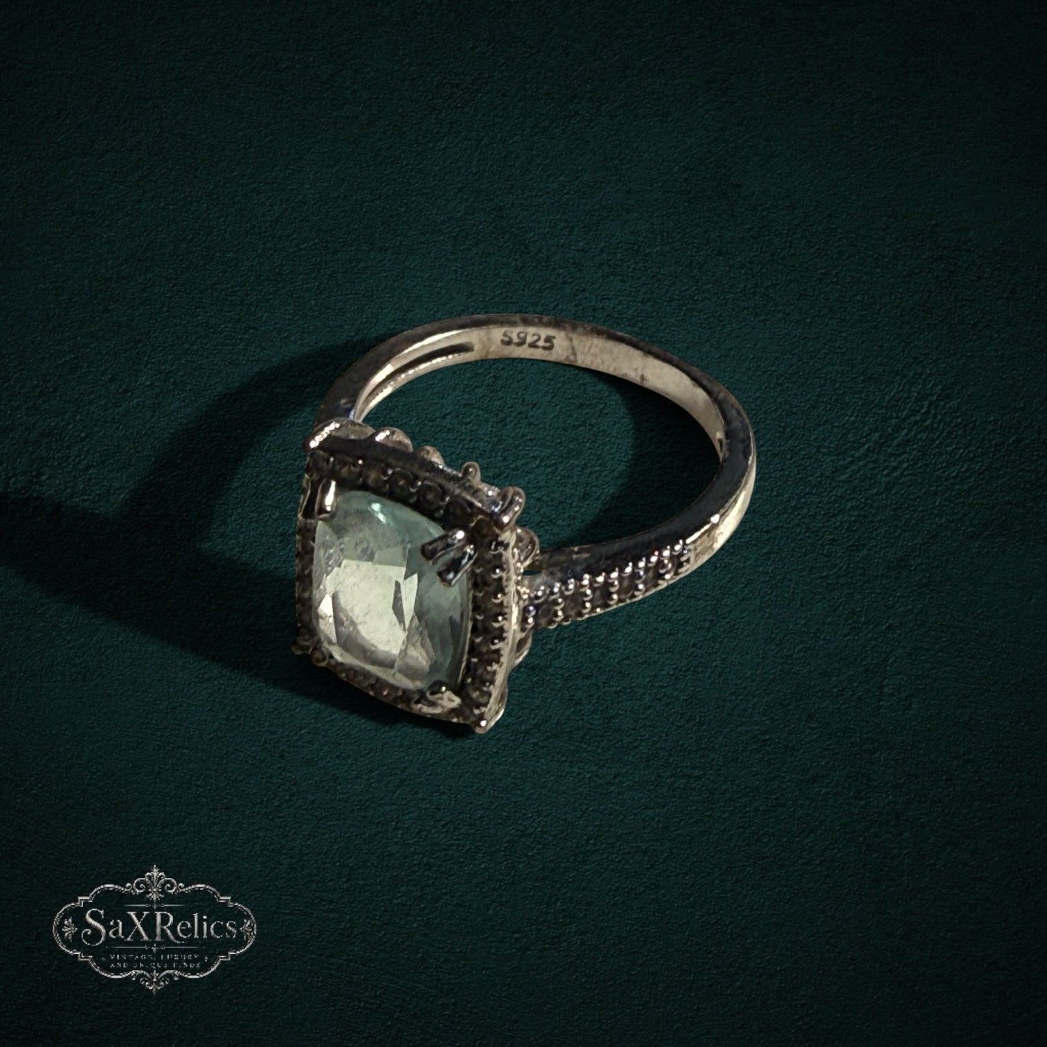 My Store vintage-inspired 925 sterling silver statement ring with a cushion-cut stone and beaded band detailing.