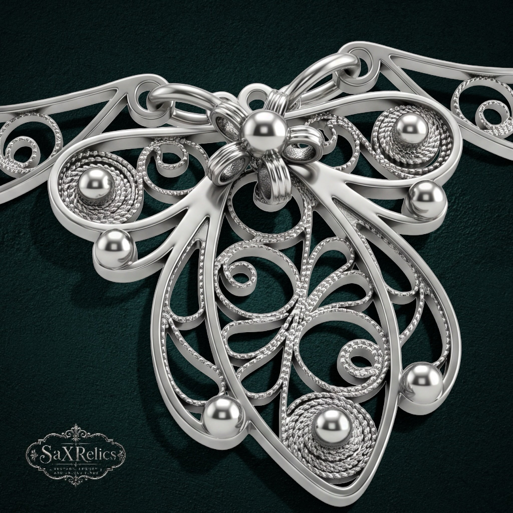 My Store SAXRelics sterling silver statement necklace with ornate filigree wirework and polished metal spheres.