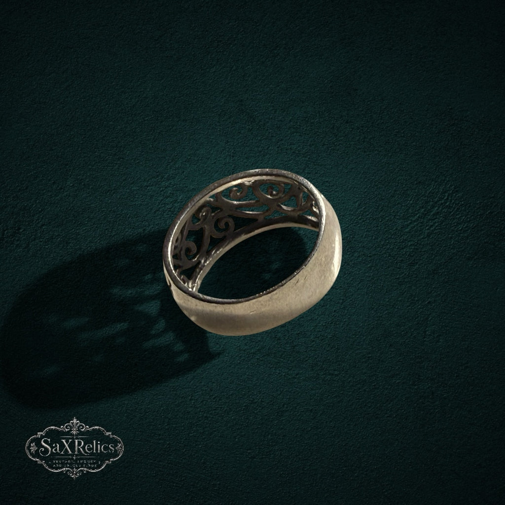 My Store sterling silver band ring featuring an intricate vintage-inspired openwork filigree scroll design