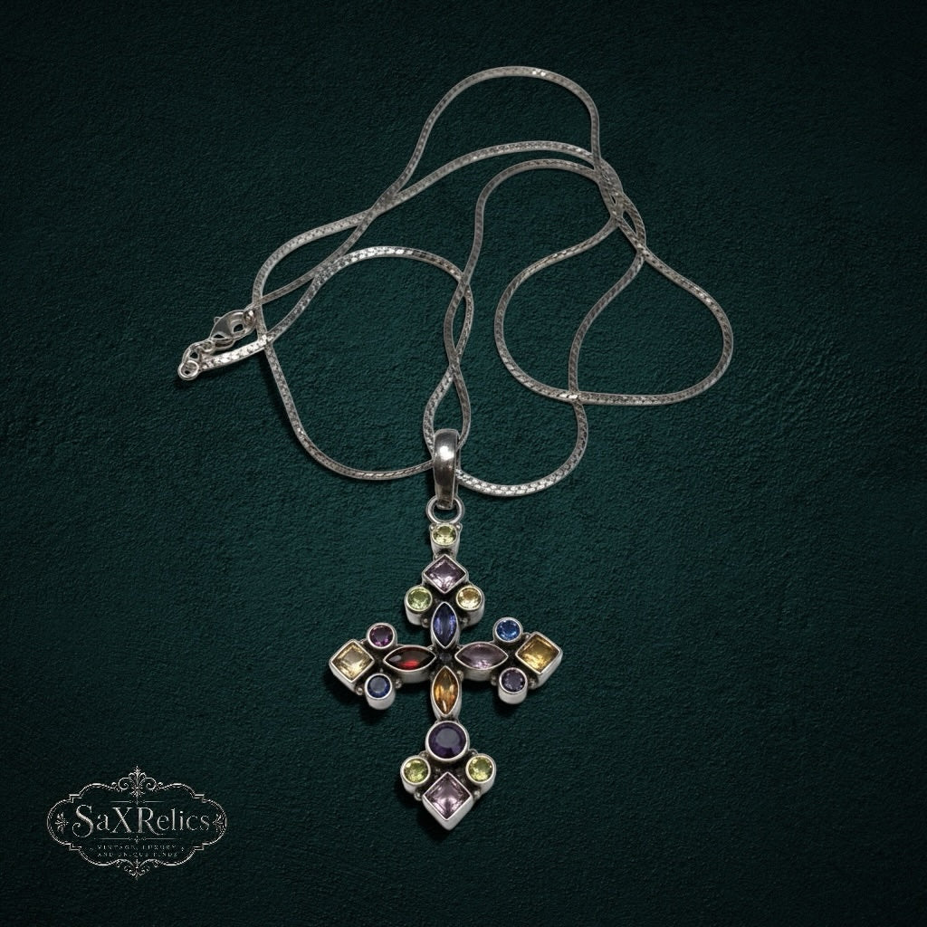 My Store SAXRelics ornate sterling silver cross pendant necklace featuring a mosaic of colorful faceted gemstones.