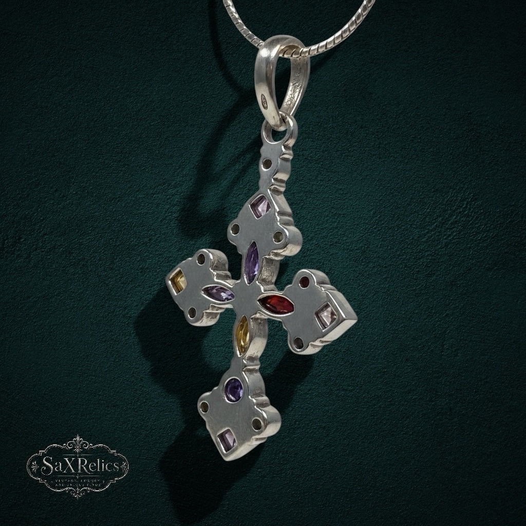 My Store ornate 925 sterling silver cross pendant necklace featuring faceted multi-colored gemstones on a silver chain