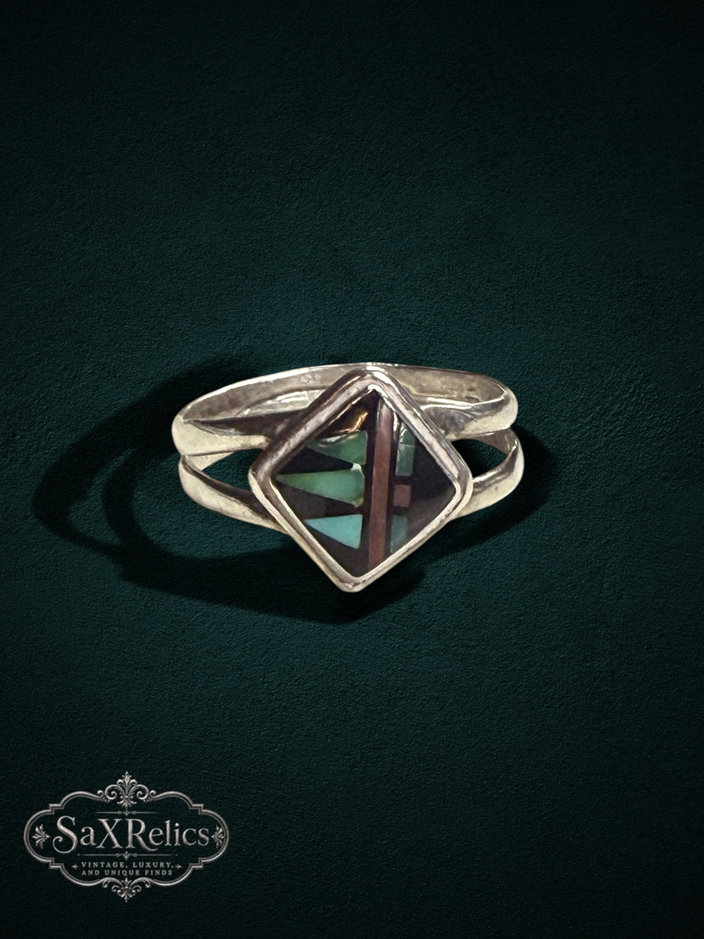 My Store SAXRelics sterling silver geometric ring with mother-of-pearl mosaic inlay and split-shank band.