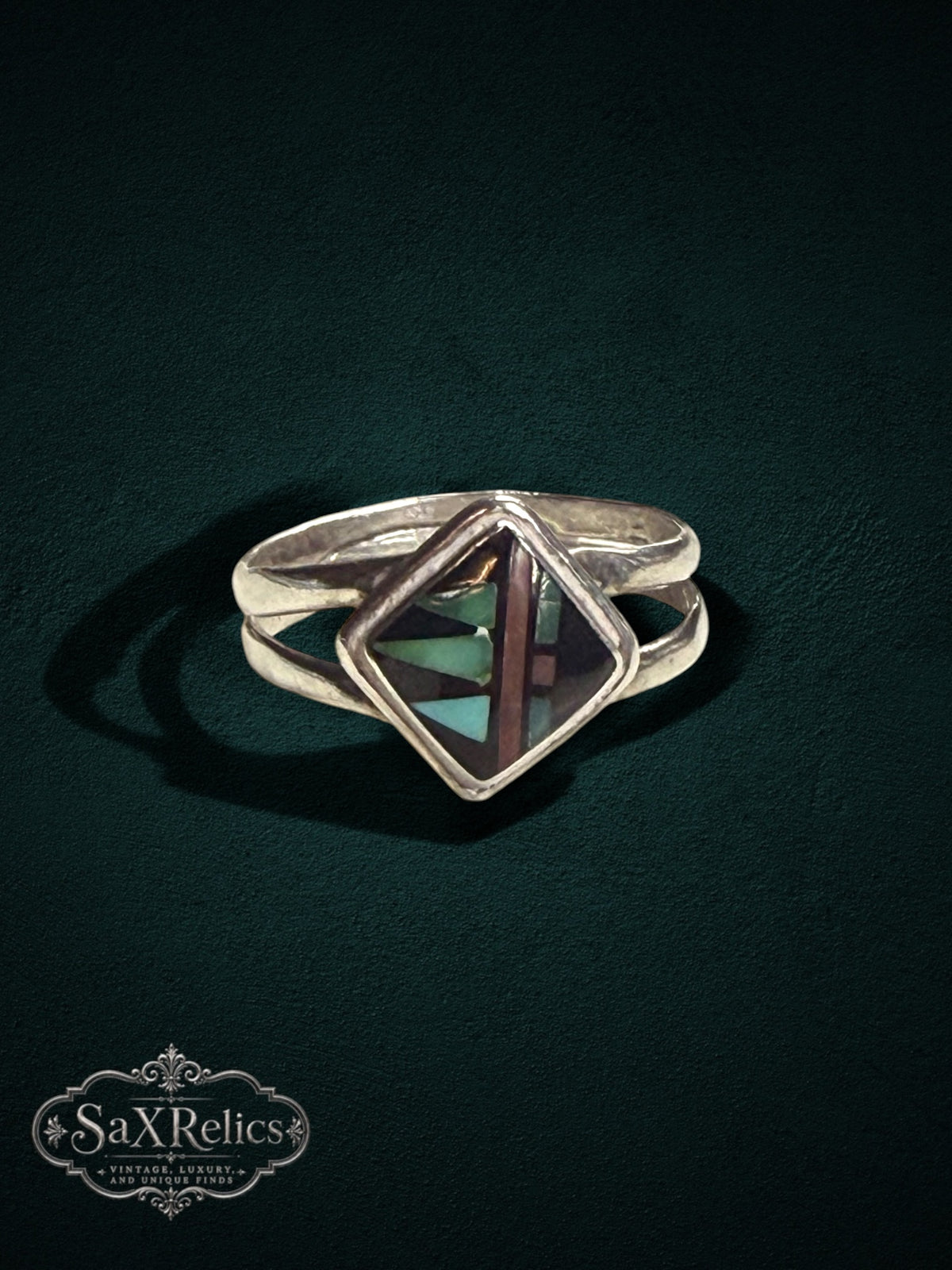 My Store SAXRelics sterling silver geometric ring with mother-of-pearl mosaic inlay and split-shank band.