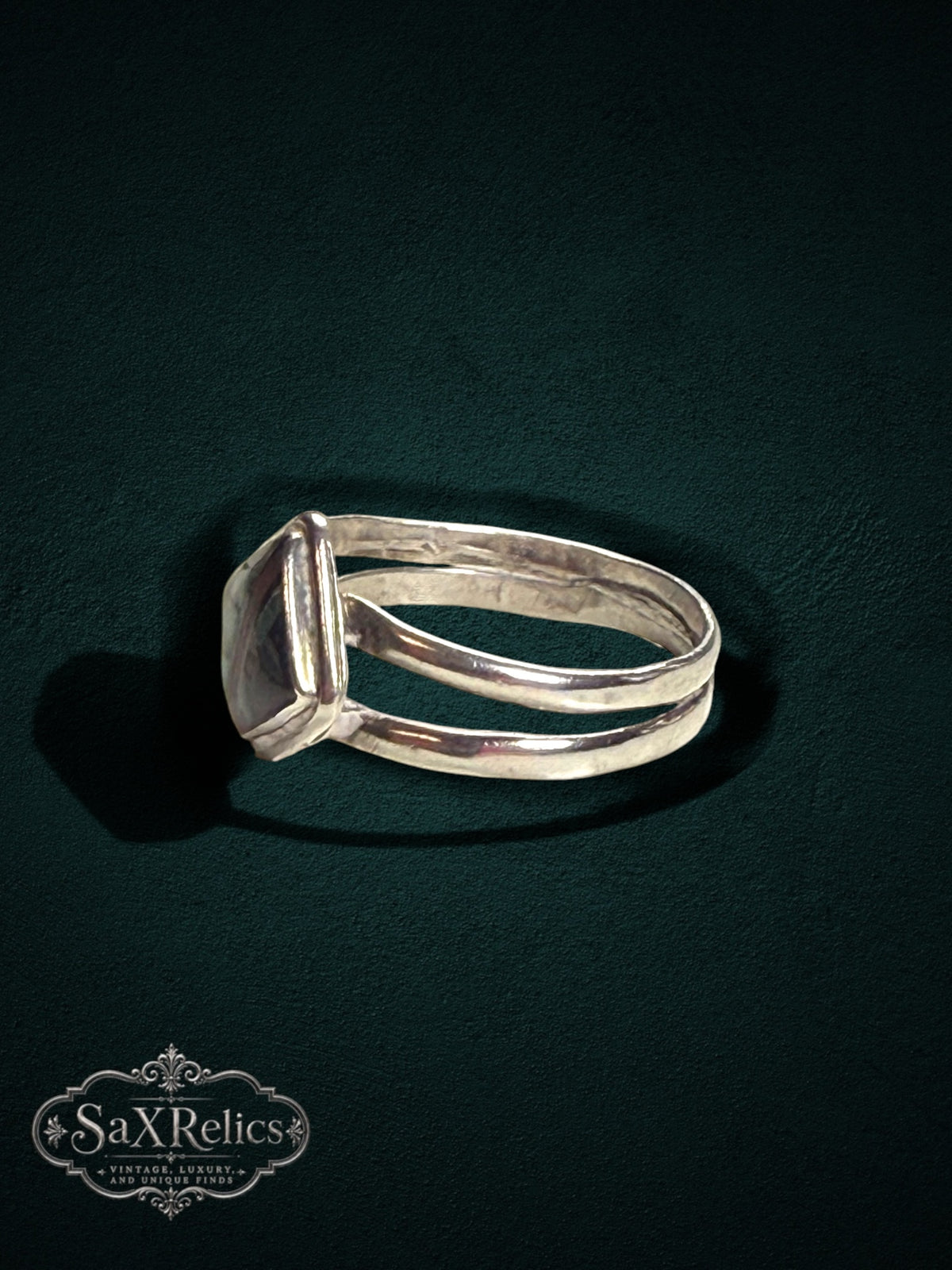 My Store SAXRelics sterling silver geometric statement ring with a split-shank band and iridescent inlay.