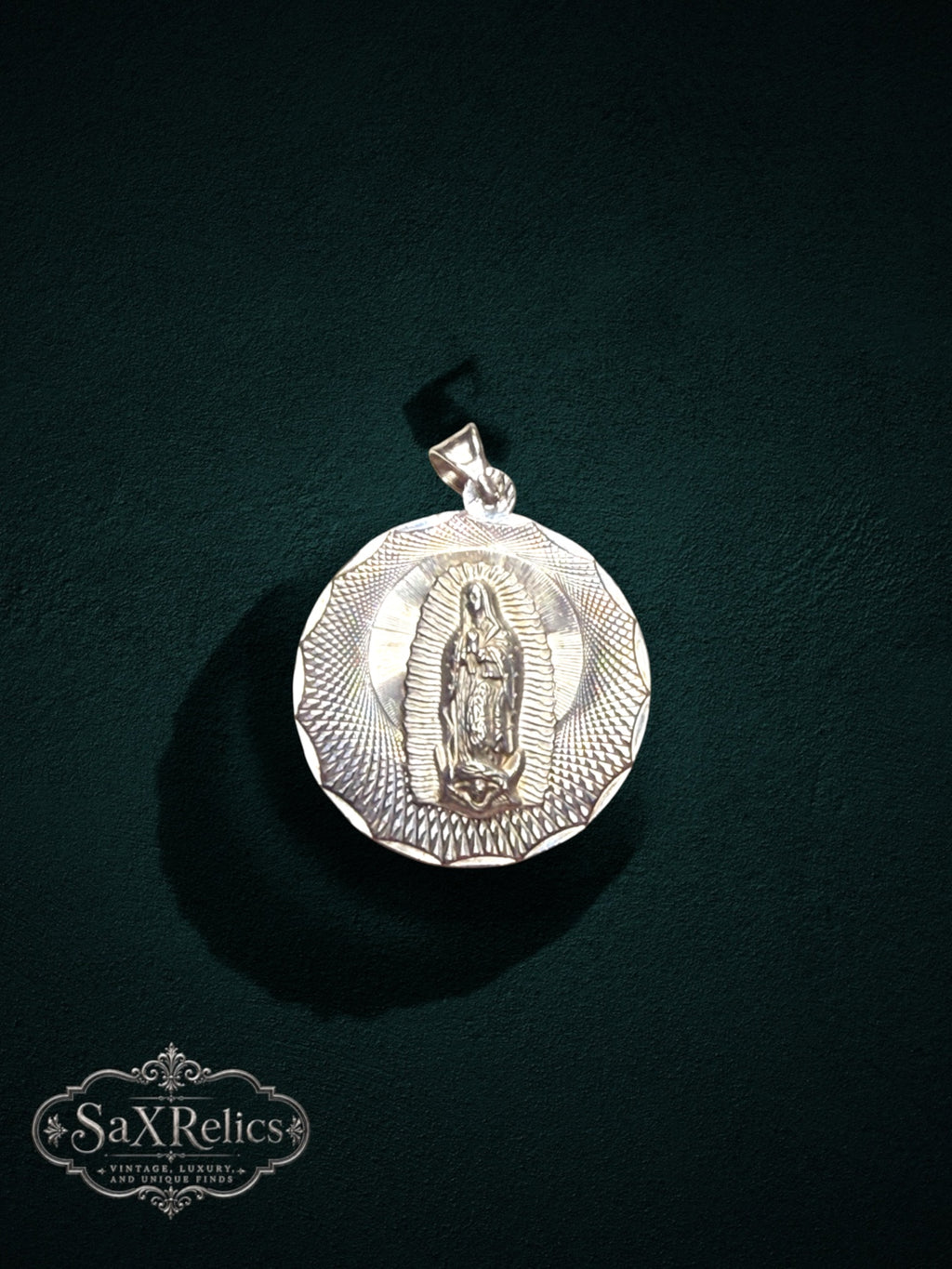 My Store sterling silver reversible religious pendant featuring Our Lady of Guadalupe with a sunburst textured border
