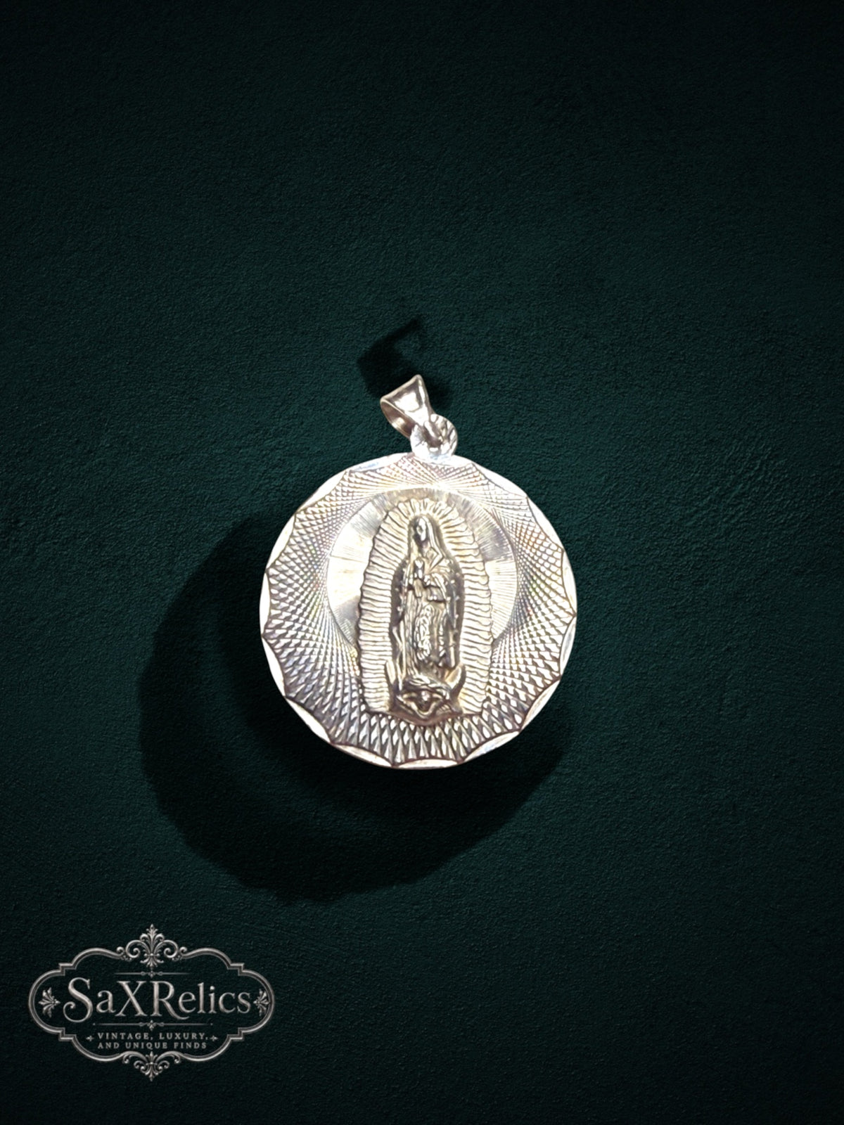 My Store sterling silver reversible religious pendant featuring Our Lady of Guadalupe with a sunburst textured border
