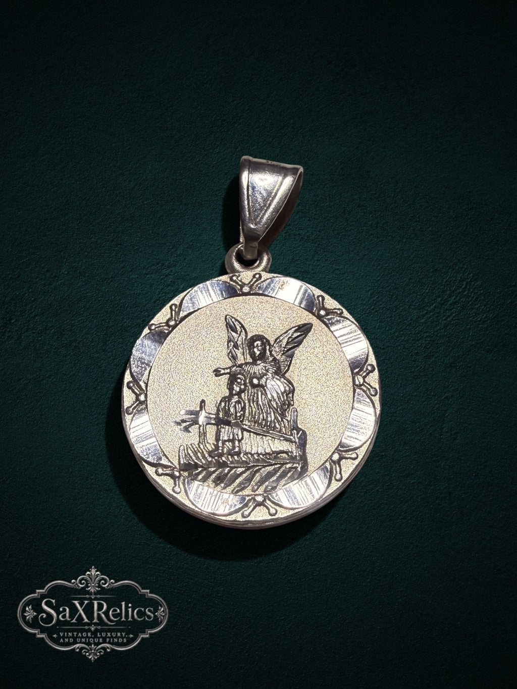 Custodio sterling silver Guardian Angel medallion, front