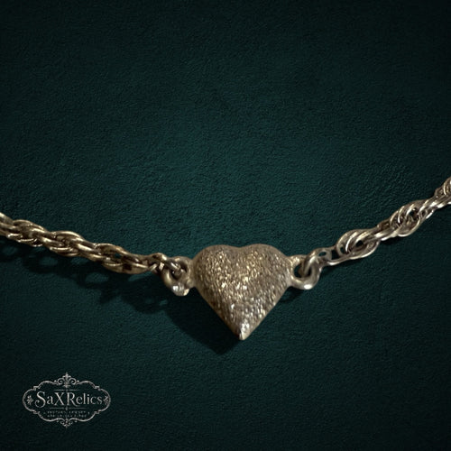 SaX Relics sterling silver heart charm anklet showing the textured finish and twisted rope chain