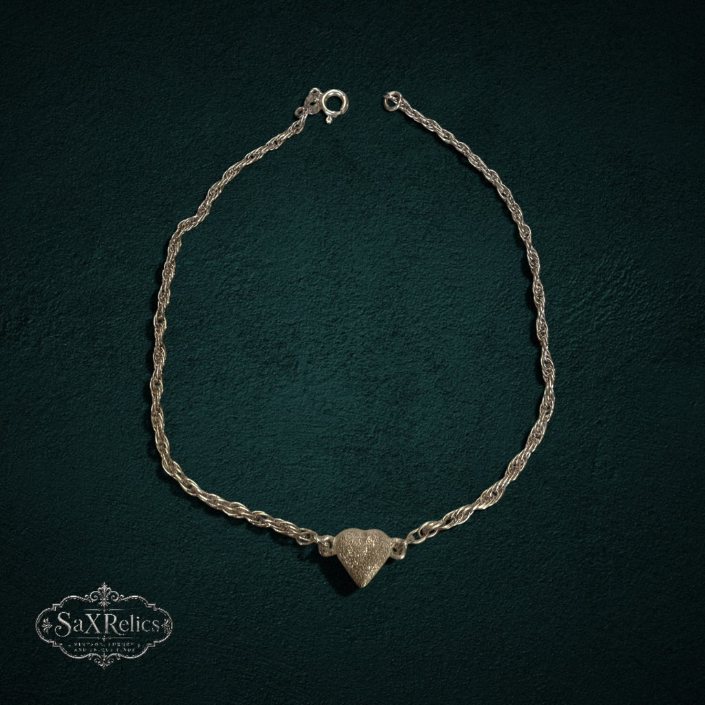 SaX Relics sterling silver textured heart charm anklet on a twisted rope chain