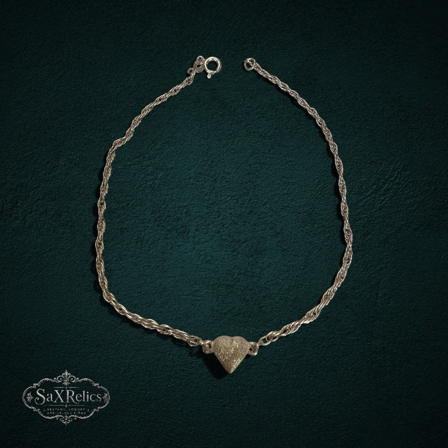SaX Relics sterling silver textured heart charm anklet on a twisted rope chain