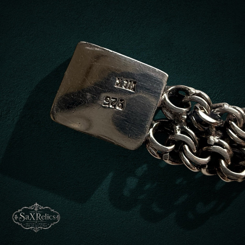 SaX Relics — Cédula ID bracelet hallmark detail: MEX 925 stamped near the center plate.