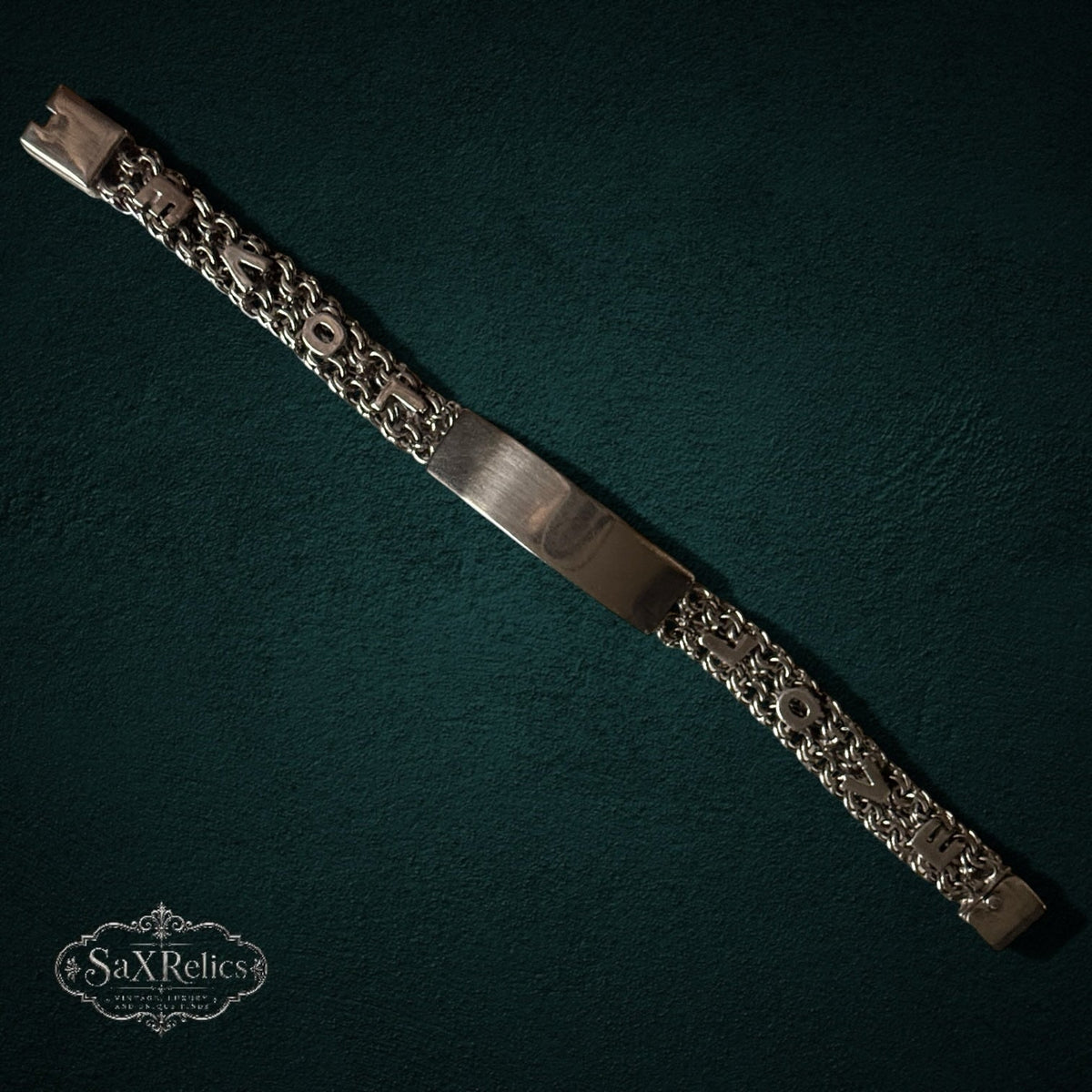 SaX Relics — Cédula vintage Mexican sterling silver ID bracelet with woven links and a blank center plate.