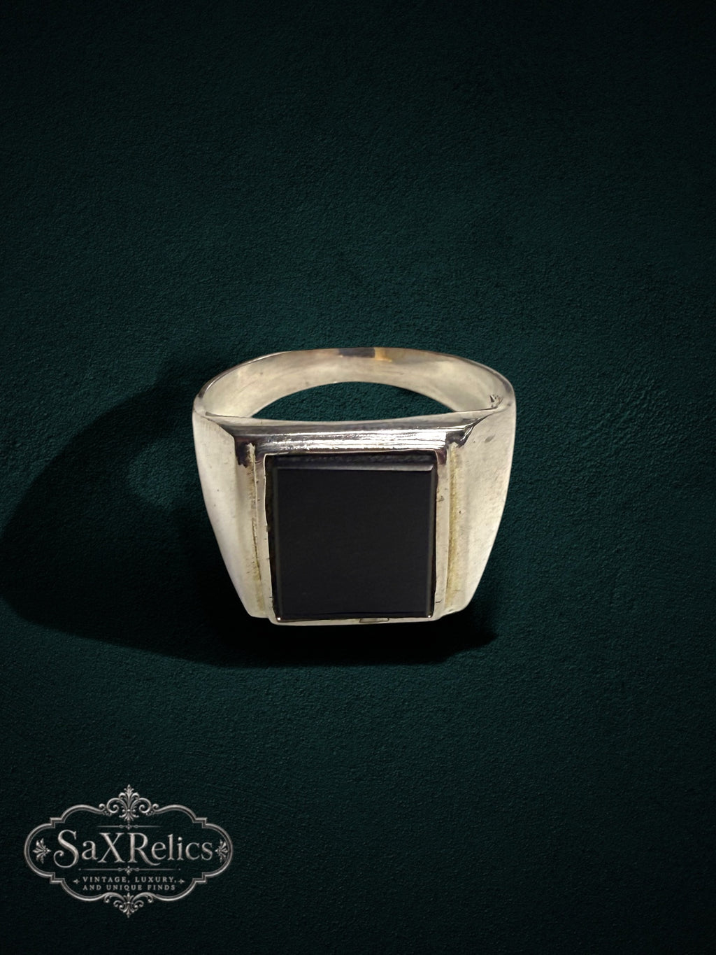 My Store sterling silver signet ring featuring a rectangular black onyx inlay on a polished 925 silver band.