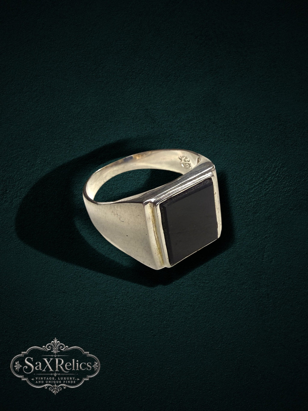 My Store sterling silver signet ring featuring a rectangular black onyx inlay on a polished 925 silver band
