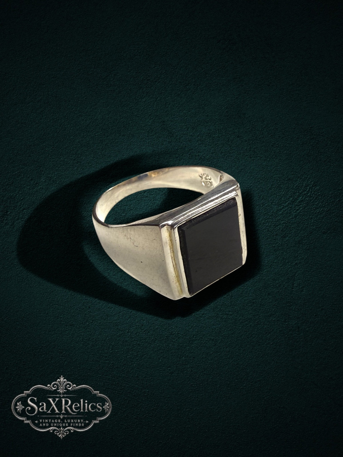 My Store sterling silver signet ring featuring a rectangular black onyx inlay on a polished 925 silver band