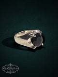 My Store SAXRelics sterling silver statement ring with a dark oval gemstone in a four-prong setting