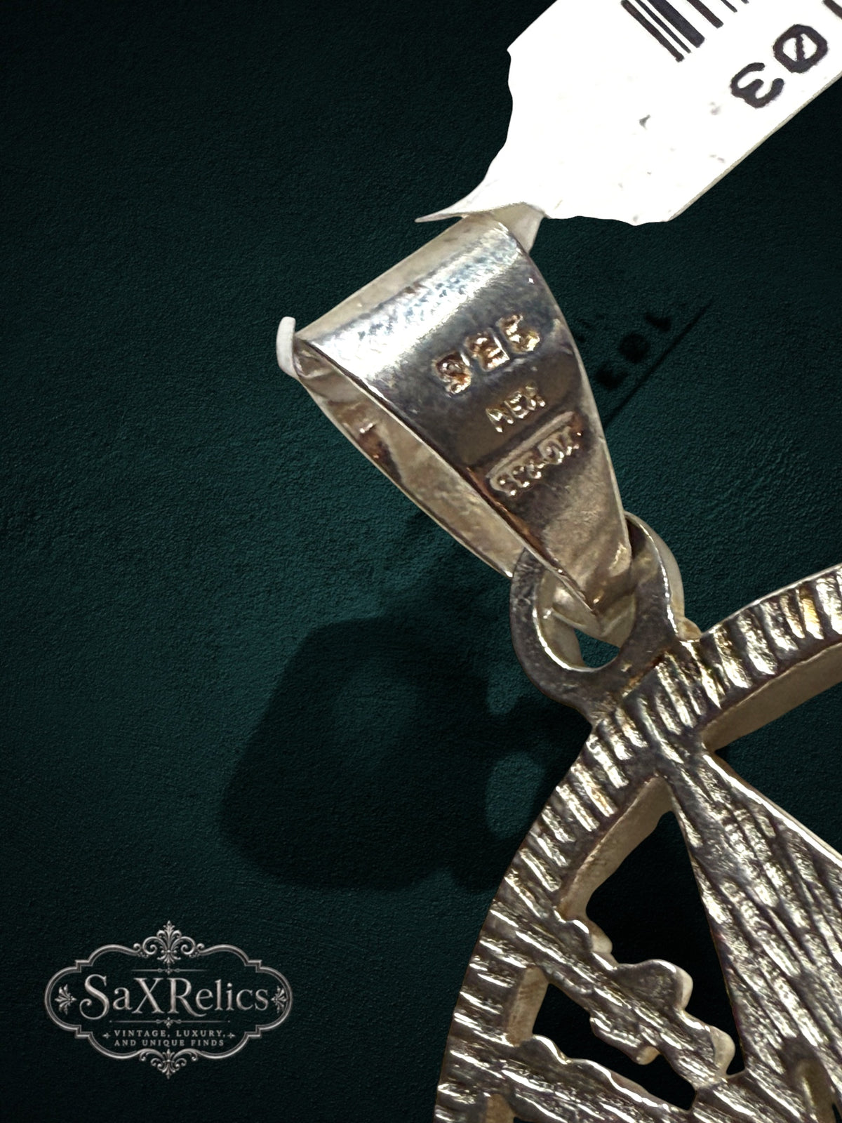 My Store sterling silver pentacle pendant showing the 925 MEX hallmark on the bail with intricate textured engraving.