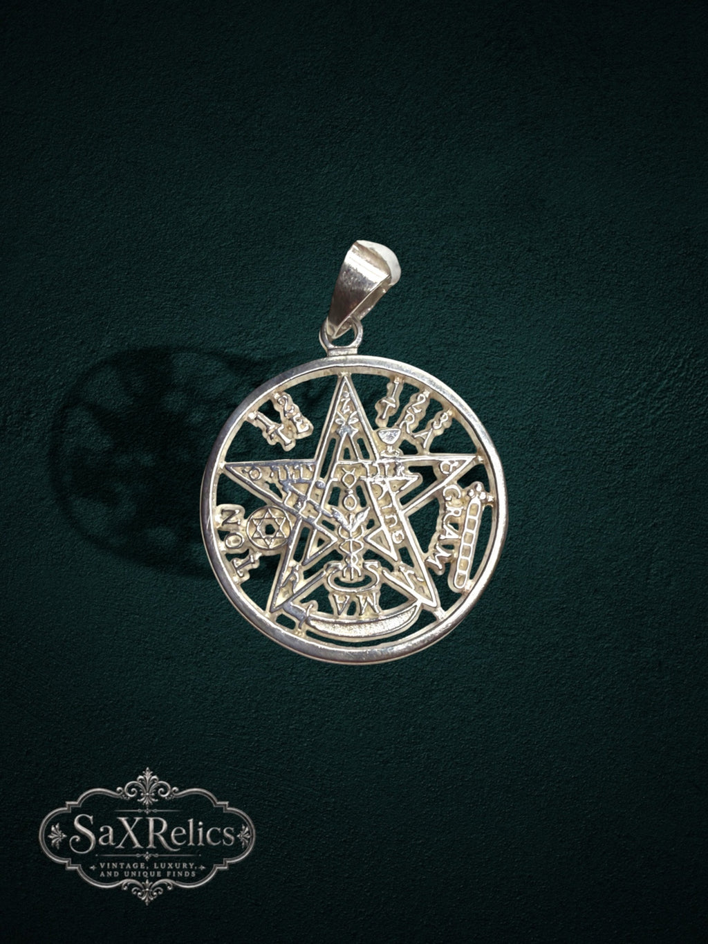 My Store sterling silver pentacle medallion pendant with intricate engraved occult symbols and polished finish