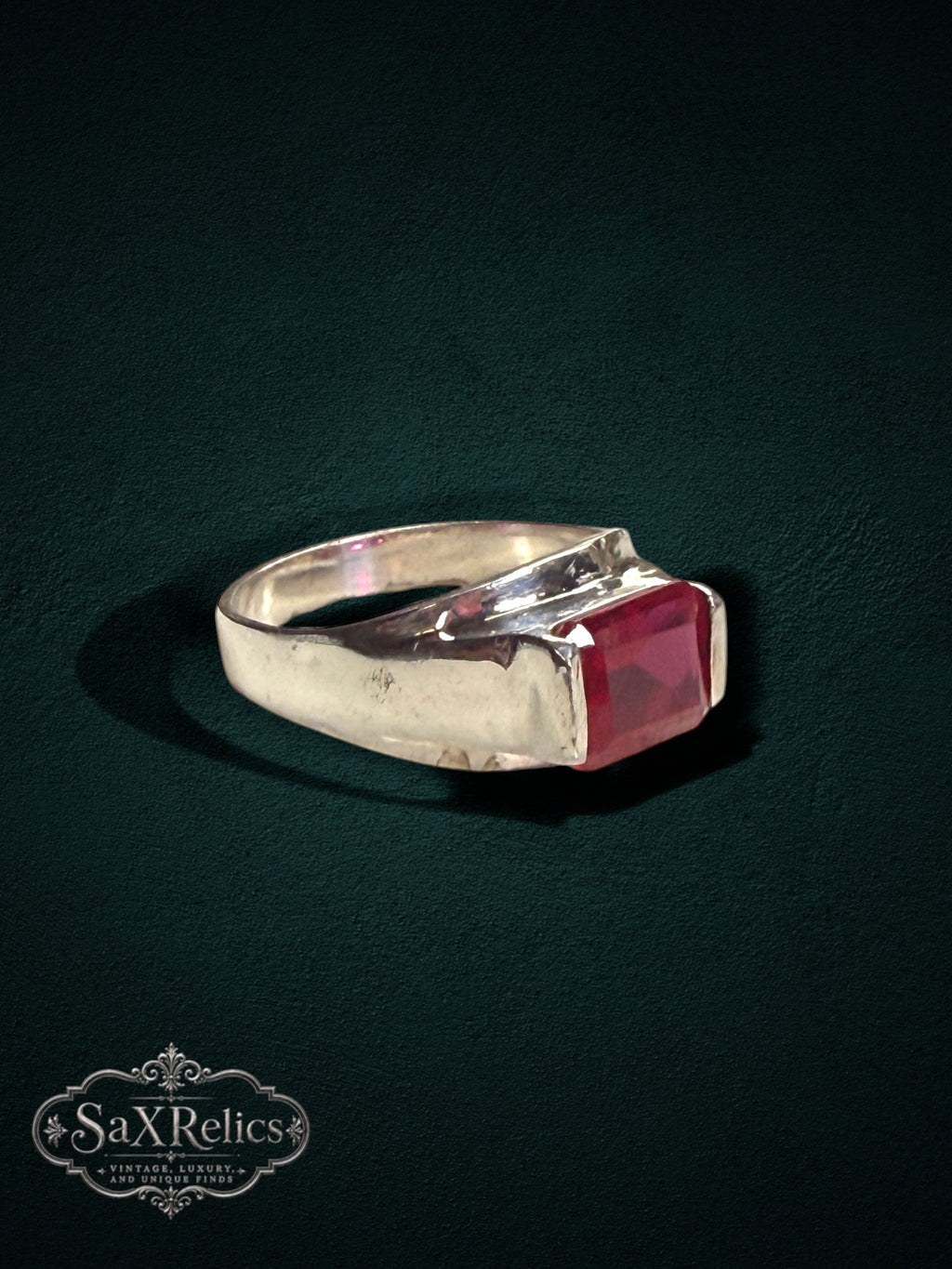 My Store vintage-inspired sterling silver statement ring featuring a bold rectangular-cut vibrant red gemstone.