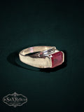 My Store vintage-inspired sterling silver statement ring featuring a bold rectangular-cut vibrant red gemstone.