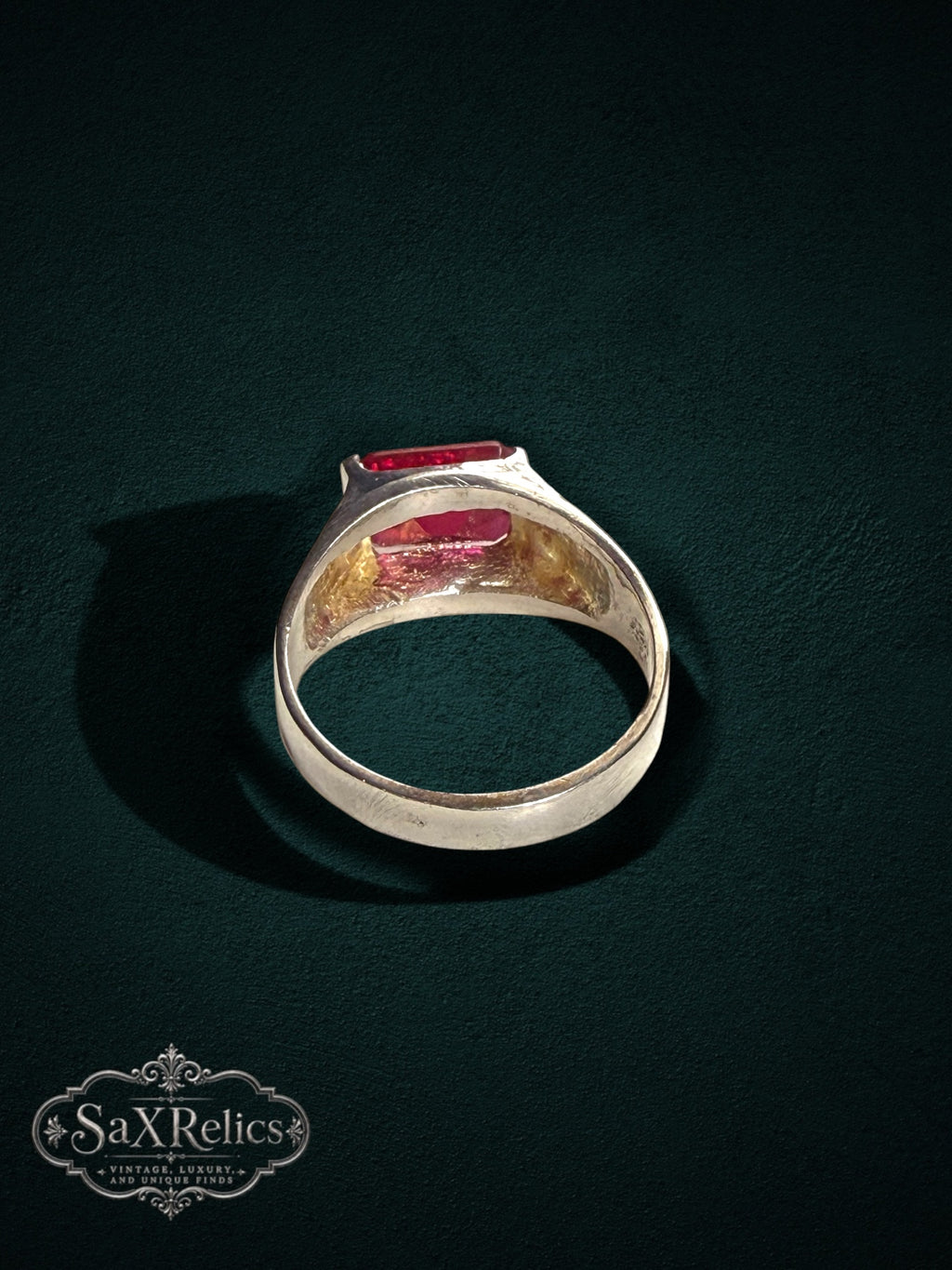 My Store sterling silver statement ring featuring a bold rectangular red gemstone on a polished band