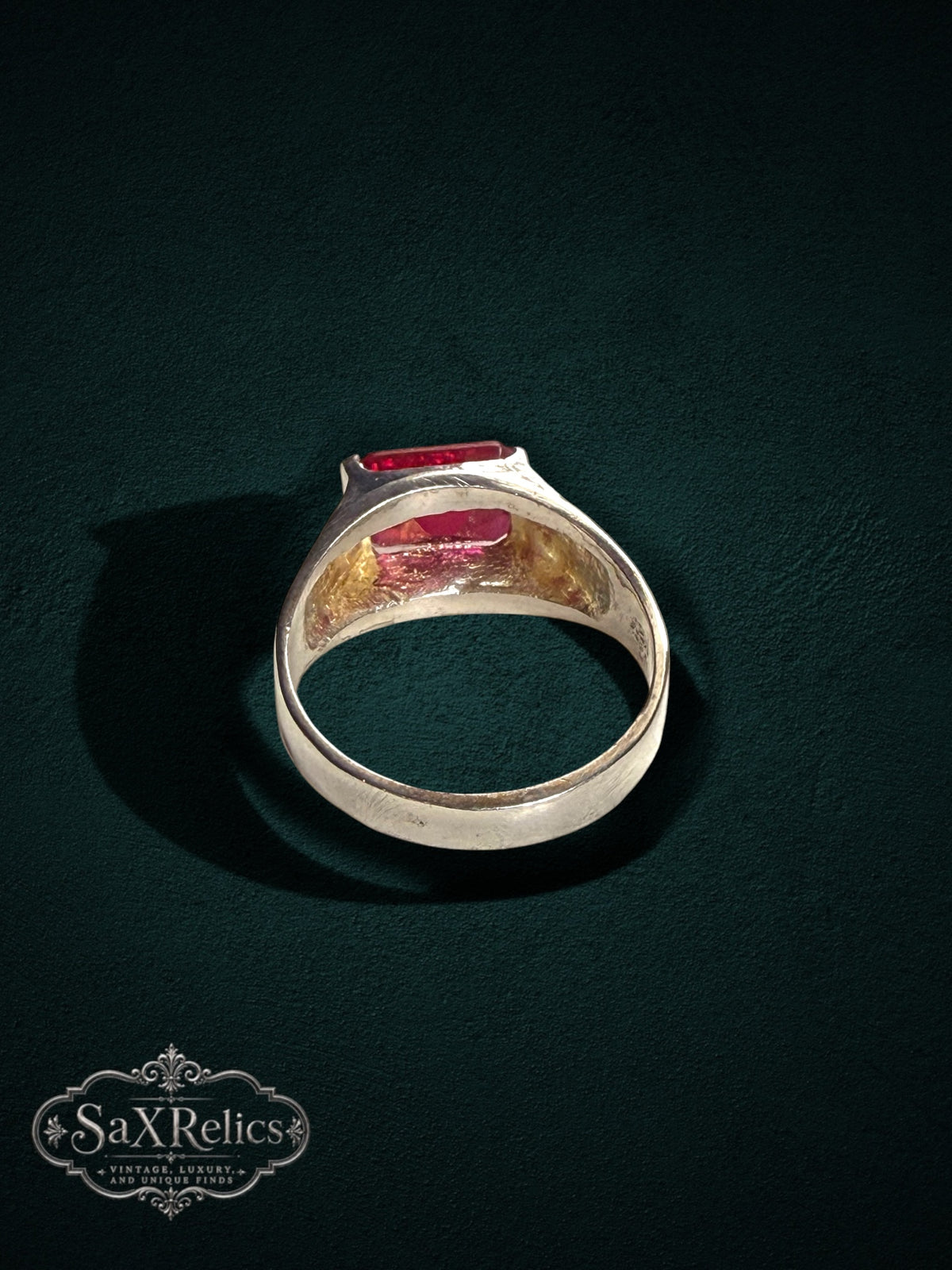 My Store sterling silver statement ring featuring a bold rectangular red gemstone on a polished band